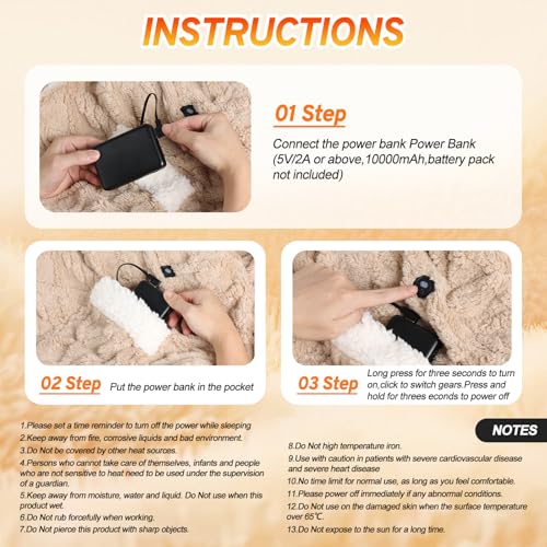 Heated Throw Blanket Wearable Battery Operated, 59" x 63" Cordless Portable Electric Blanket Wrap Poncho, Outdoor Heated S...