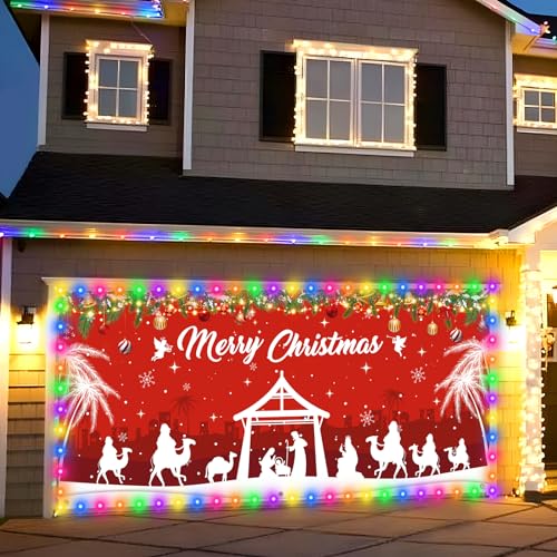 RUMIA Christmas Religious Garage Door Banner Decoration Large Merry Holy Cover with LED Lights Strings Backdrop for New Ye...