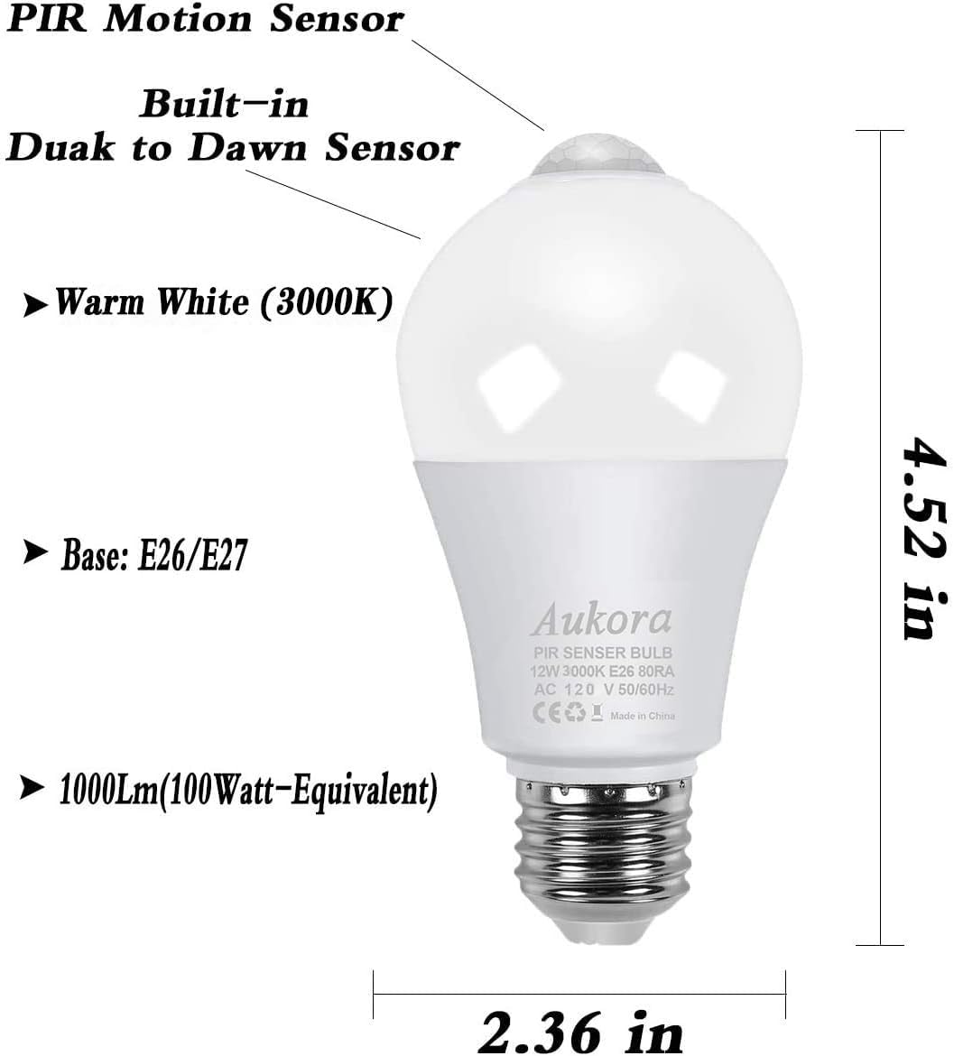 Motion Sensor Light Bulbs, Aukora 12W (100-Watt Equivalent) E26 Motion Activated Dusk to Dawn Security Light Bulb Outdoor/Indoor for Front Door Porch Garage Basement Hallway Closet(Warm White 2 Pack)