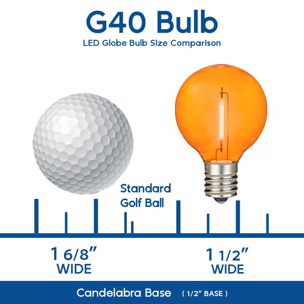 Novelty Lights 25 Pack Orange G40 Led Filament String Light Bulbs E12/C7 Candelabra Base 5 Watt Equivalent Shatterproof Replacement Bulbs For Patios Canopy Lighting
