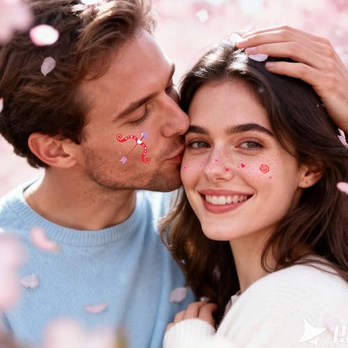 Cerlaza Valentines Day Accessories, 40 Pcs Valentines Temporary Tattoos Heart Glitter Freckles Face Stickers Makeup for Wo...