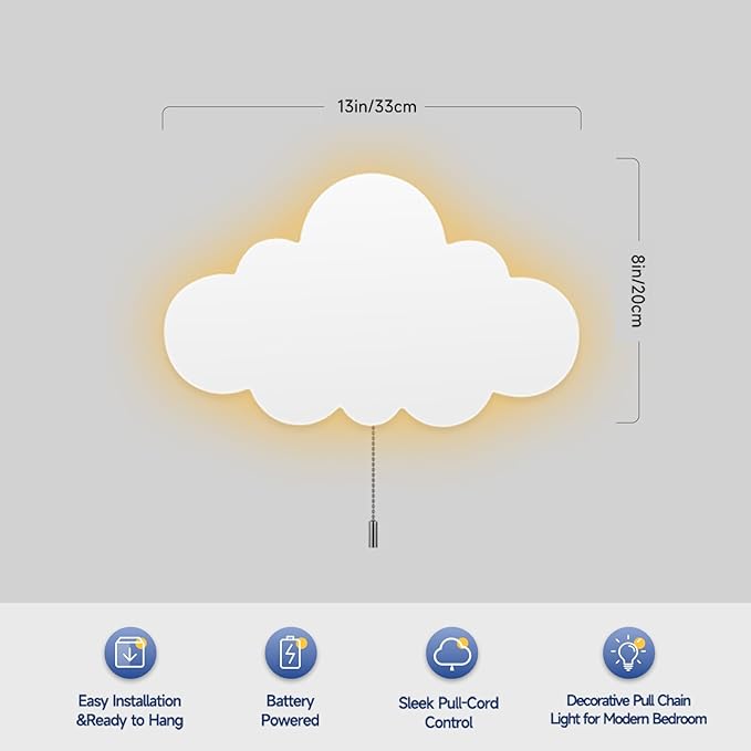 Cloud Light - Battery-Powered Wall Lamp for Nursery, Kids Bedroom & Baby Room, 3000K Warm Night Light with Pull-String Switch, Cordless 3.7V, Lightweight 33x20cm (No Charging Needed)