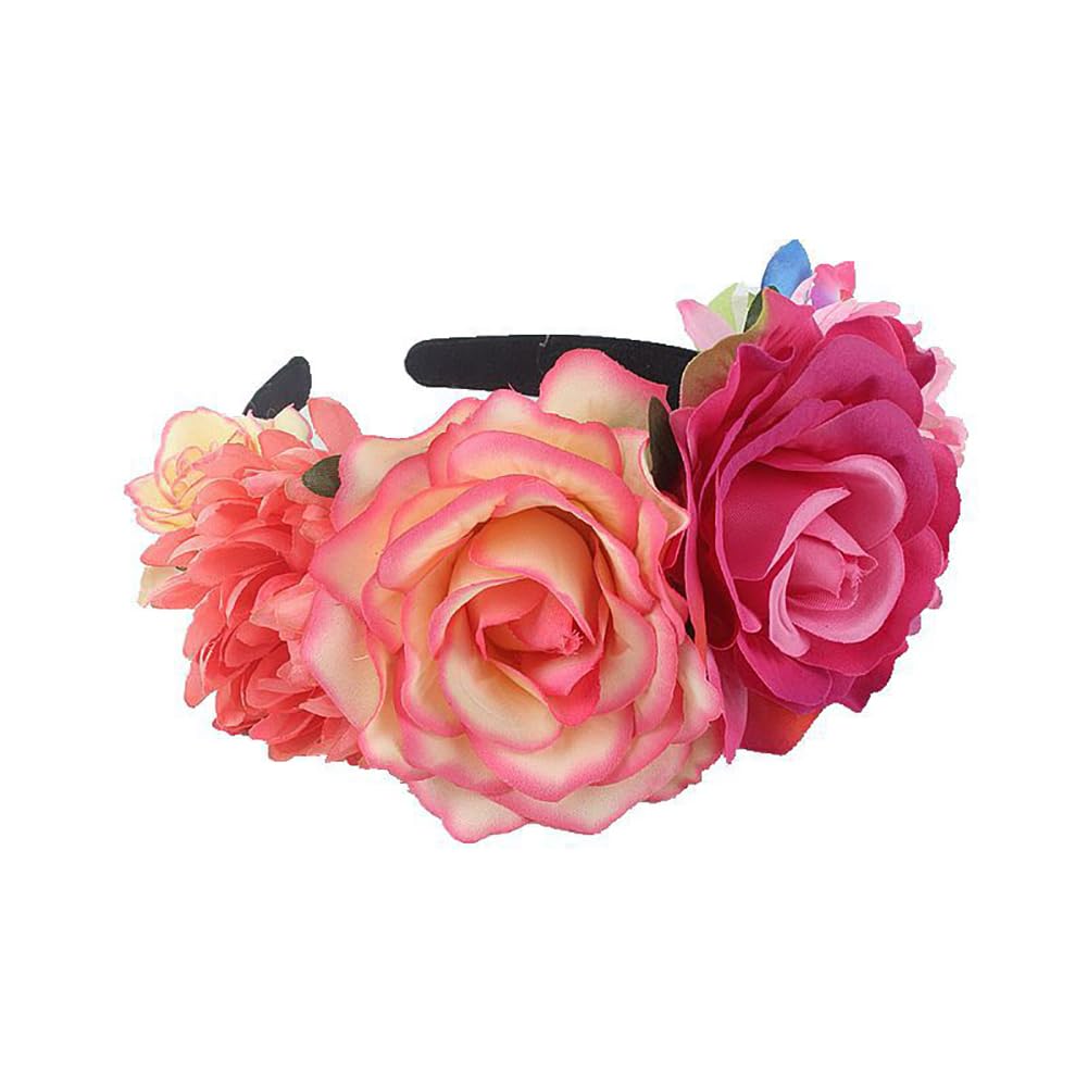 Lofruiin Women's Bohemian Rose Flower Crown Mexican Day of The Dead Headband Halloween Party Costume Headpiece (Rose Pink Colorf