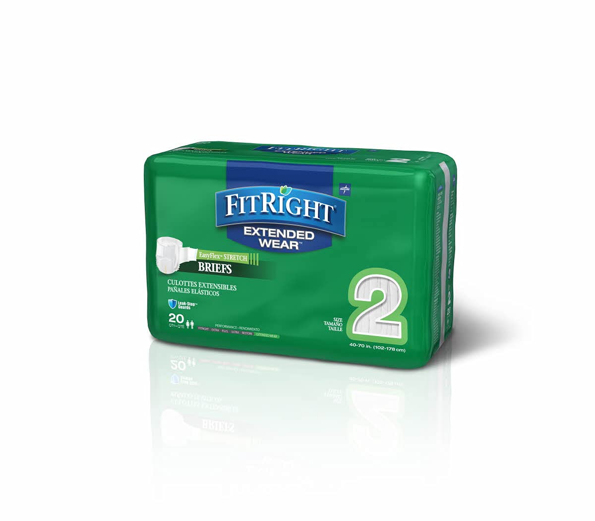 Medline FitRight Extended Wear Stretch Briefs, Overnight Adult Diapers with Tabs, Size 2 (Bag of 20)