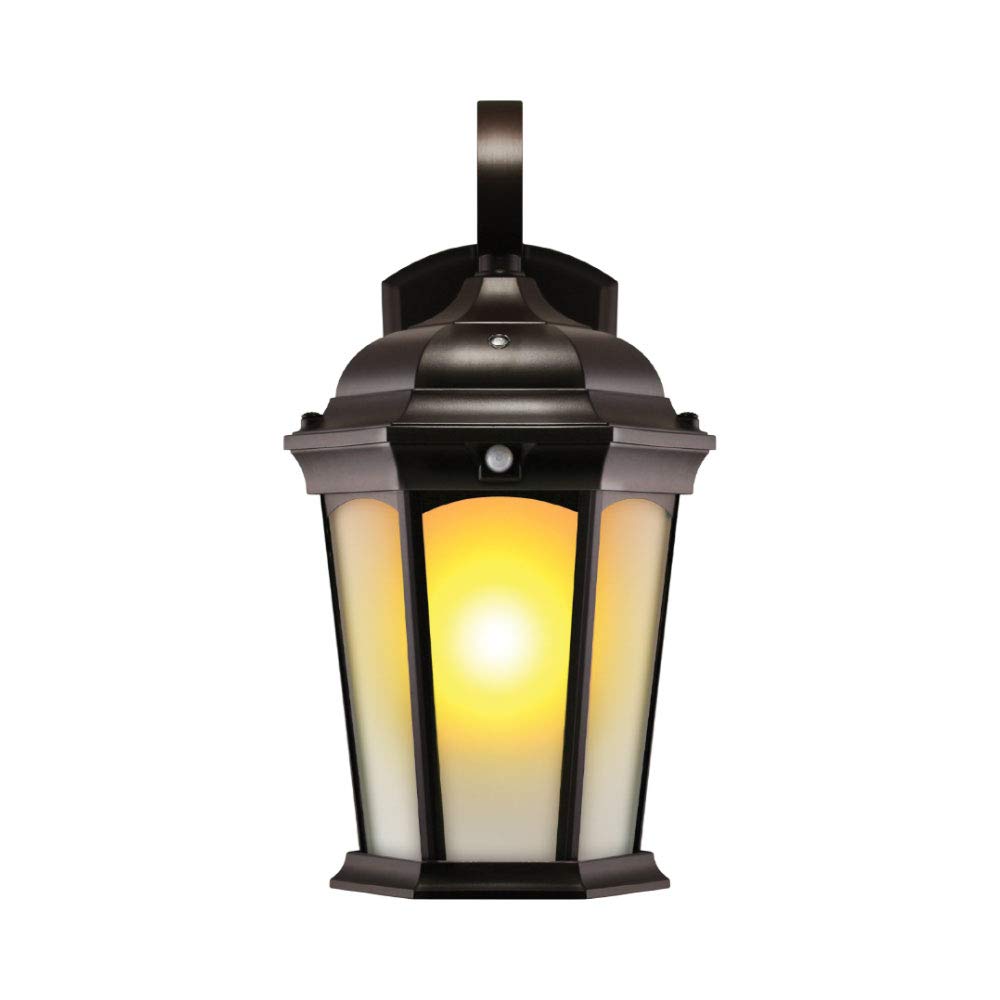 Euri Lighting EFL-130F-MD Flickering Flame Lantern, Frosted Glass, with Integrated Security Light (3000K), Photocell and Motion-