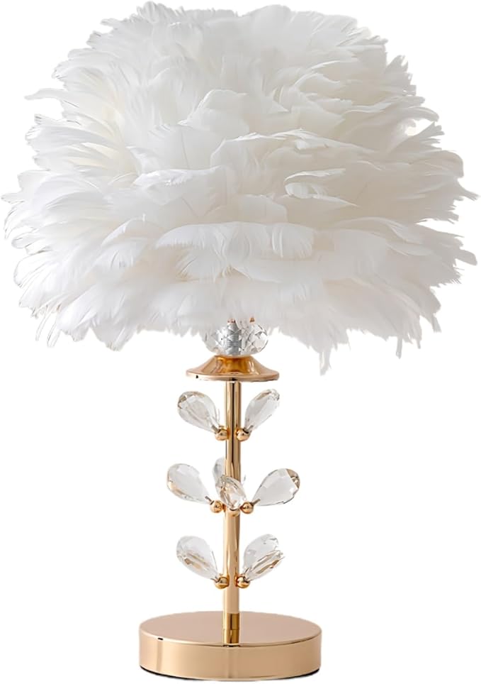 Chic White Feather Lamp Creative Fluffy Table Lamp Cute Kids Bedside Lamp Modern Feather Desk Light for Teen Girls Bedroom Living Room Entryway Study Room Wedding Deco