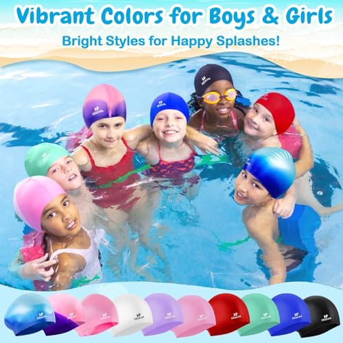 Kids Swim Cap for Girls Boys, 2 Size Silicone Swimming Cap for Long Hair, Waterproof Swim Hats for Toddlers Children Teens...