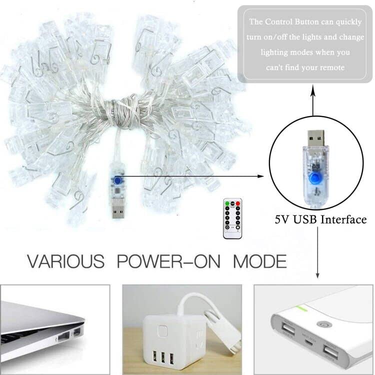 Liyuanq 40 Led Photo Clip String Lights, Usb Operated, Warm White, 8 Modes, Ideal For Bedroom Decoration, Model Fs-D030