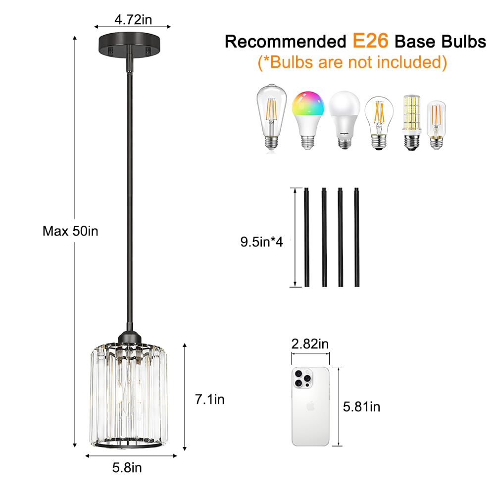 Lxybcce Black Kitchen Pendant Lights Over Island With Adjustable Rods - Crystal Pendant Lighting Fixtures 3 Pack Ideal Over Dining Table Or Bar E26 Bulb Compatible No Electrician Needed