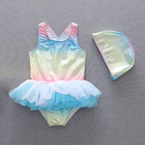 Girls One-Piece Rainbow Swimsuits Toddler Kids Mermaid Fishscale Bathing Suits Outdoors Jumpsuit Swimwear with Cap
