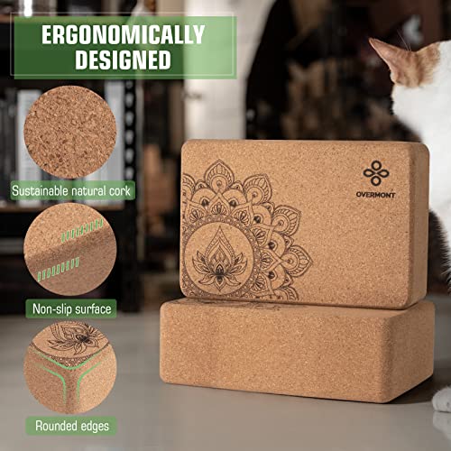 Overmont Cork Yoga Blocks 2 pack with 8ft Strap Natural Cork Bricks- High Density & Eco Friendly Yoga Accessories for Wome...