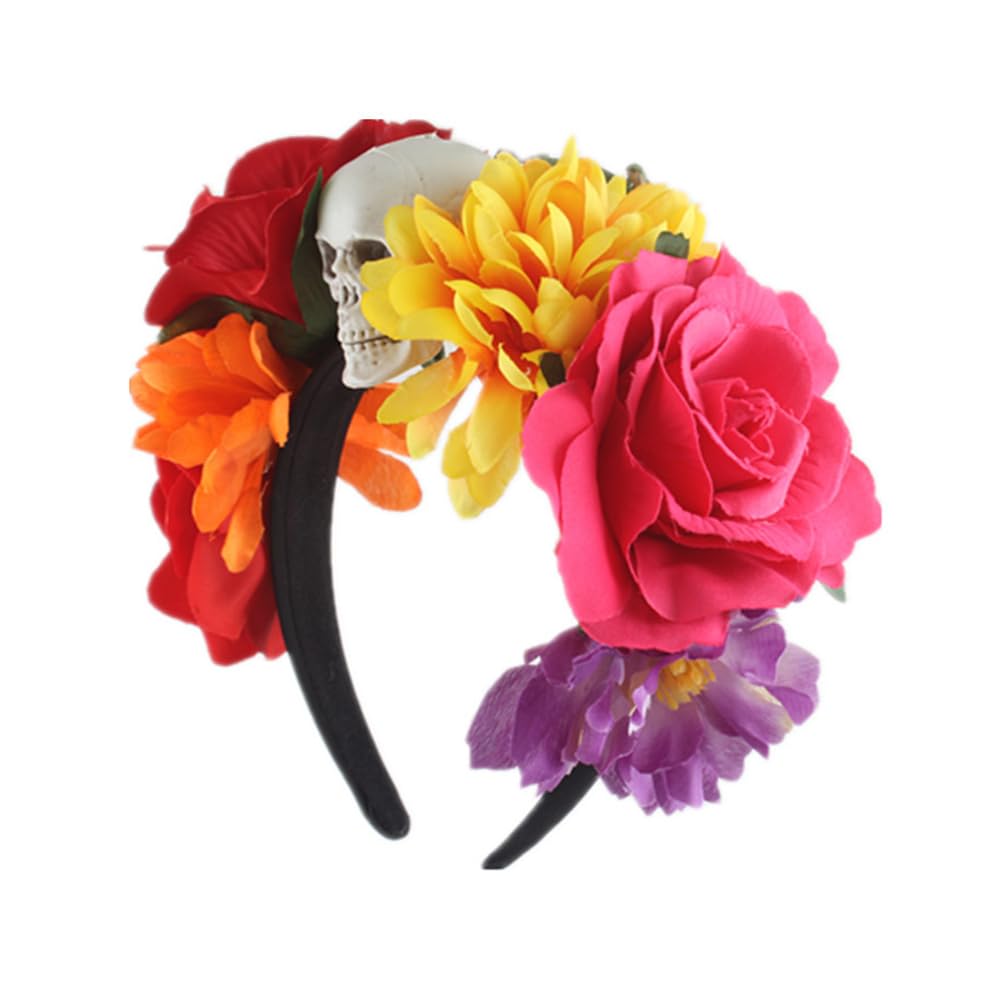 Lofruiin Women's Bohemian Rose Flower Crown Mexican Day of The Dead Headband Halloween Party Costume Headpiece (A- Red Yellow, F