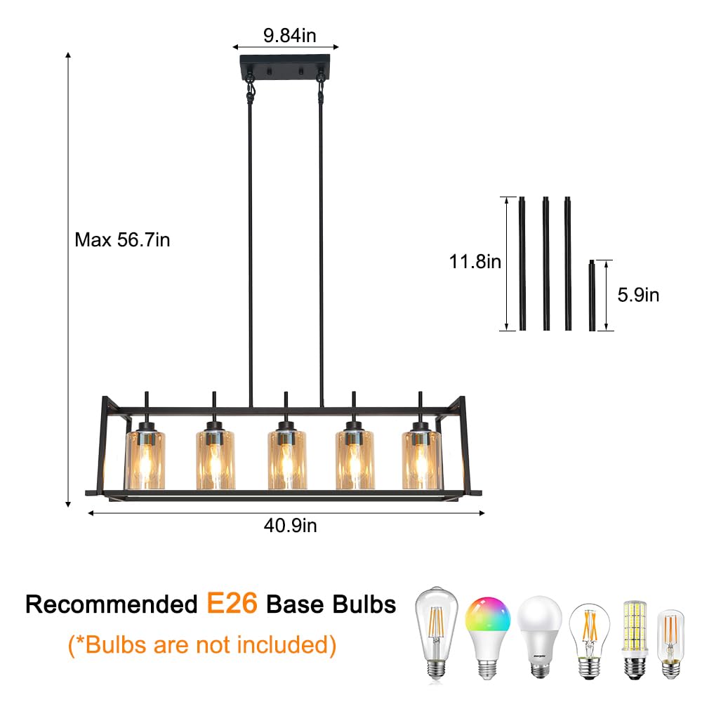 Dsmjfu Matte Black Farmhouse Dining Room Lighting Fixture 5-Light Linear Pendant Lighting Rectangle Kitchen Light With Amber Glass Shades Adjustable Height Rectangle Hanging For Kitchen Table