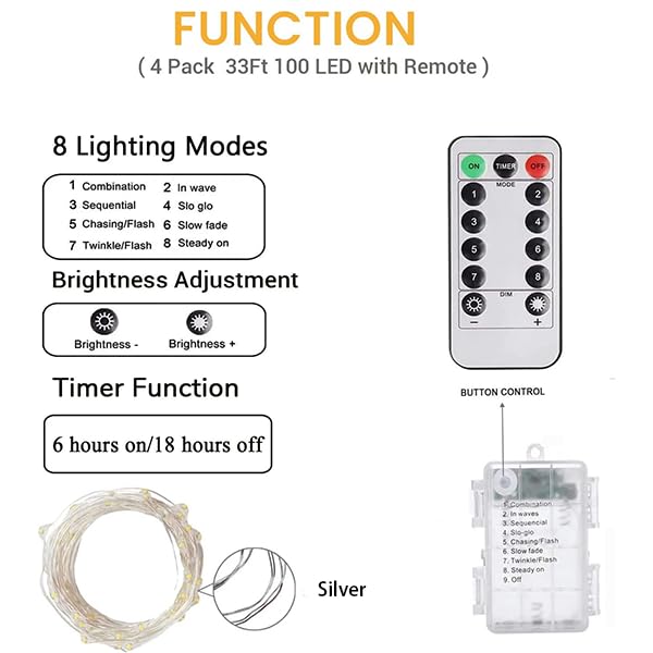 Albelt 100 LED Fairy Lights, 33FT Battery Operated, Waterproof, Timer & 8 Modes, 6 Pack, Cool White, Model Sliver100