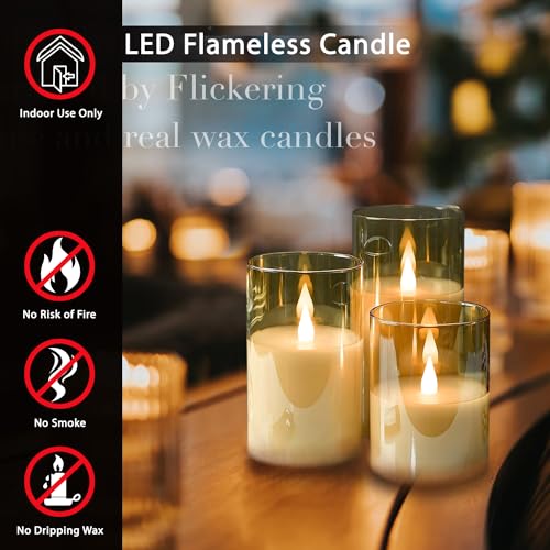 Softflame Flickering Flameless Gold Glass LED Candle,Set of 3: 3"x 4",3" x 5",3" x 6", with Remote Control