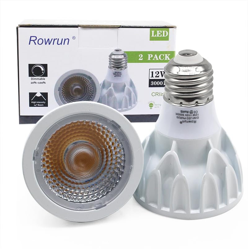 Rowrun PAR20 LED Bulb 12W Dimmable 3000K Soft White, COB Spotlight 24 Beam Angle, E26 Base for Recessed Lighting, Range Hood, Ki
