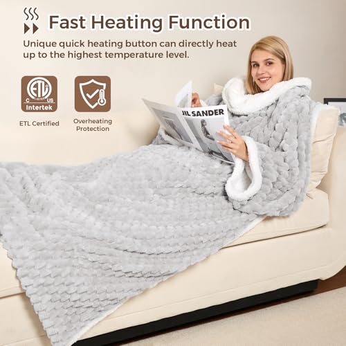 Electric Blanket Heated Throw, Soft Flannel & Sherpa Wearable Heated Blanket with Sleeves, Heating Wearable Blanket with 6...