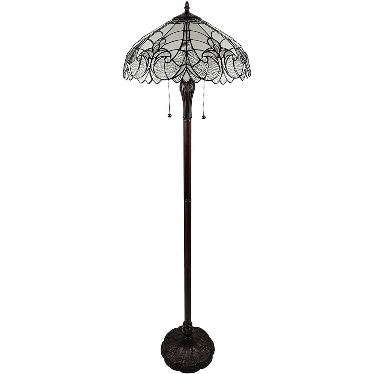 Homeroots Brown Two Light Torchiere Floor Lamp With White Fleur De Lis Stained Glass Shade, 62 X 18 X 18 In.