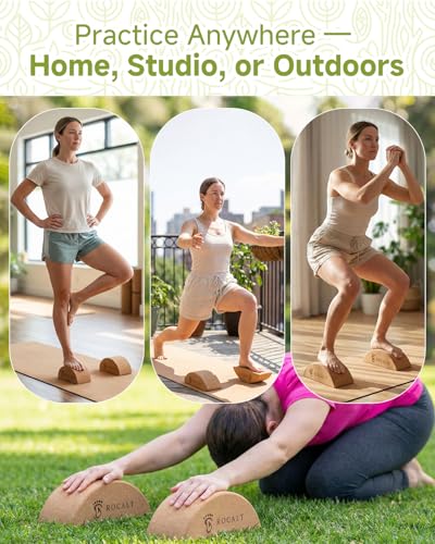 Rocalt 2 Pack Cork Yoga Blocks, Half Moon Yoga Block & Calf Stretching, Cork Foot Stretcher for Plantar Fasciitis Relief, ...