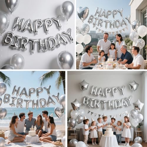 Silver Happy Birthday Balloon Banner Set -16 Inch Foil Letters Balloons, Reusable Birthday Decorations and Party Supplies,...