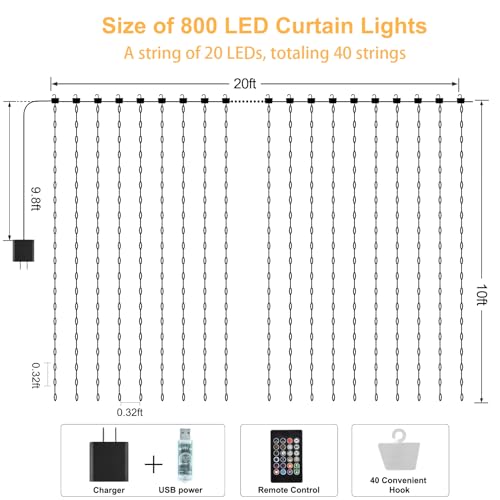 CCILAND Smart 800LED Curtain Lights 20Ft x 10Ft with App Programmable, Color Changing Dynamic DIY Curtain String Lights Mu...