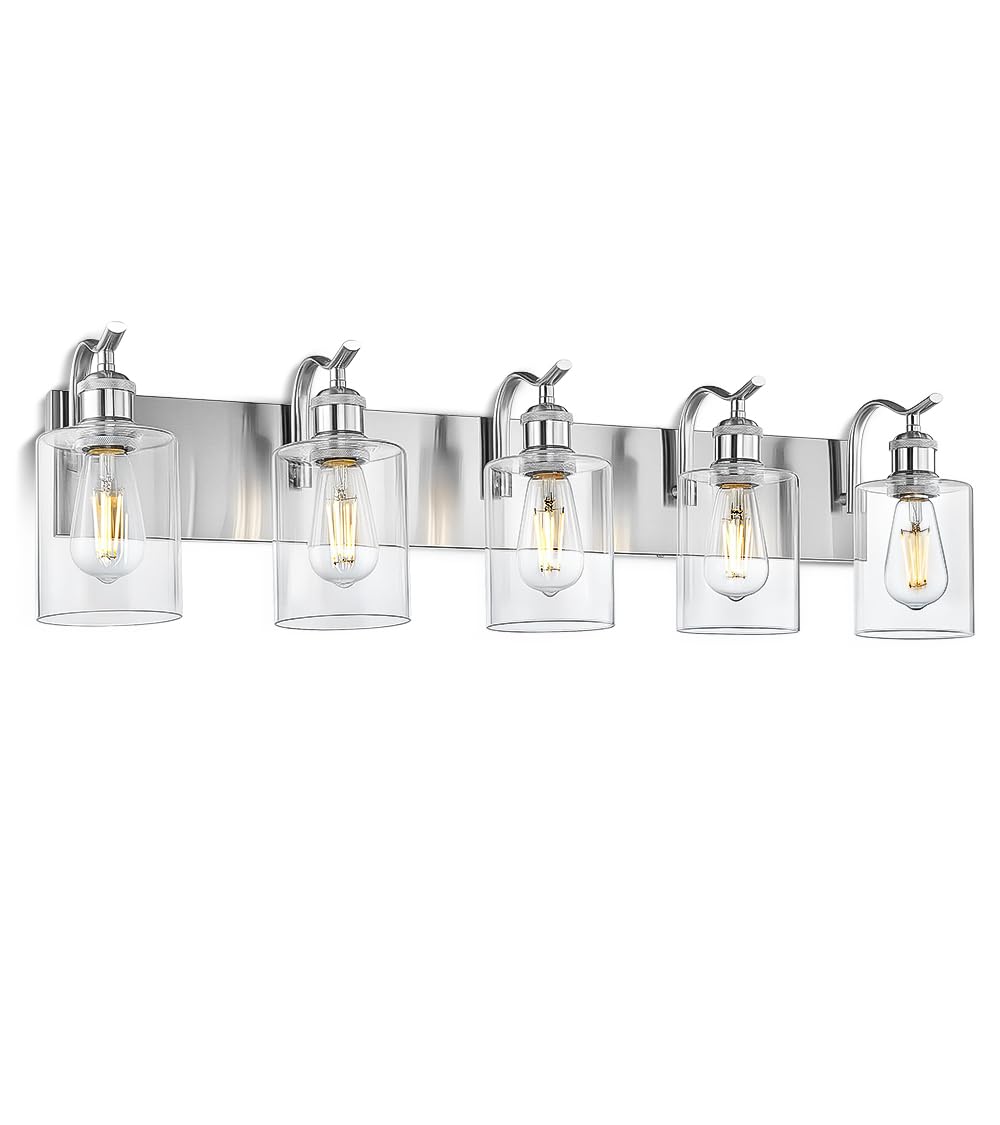 Jazava 5 Light Bathroom Vanity Light Brushed Nickel Vanity Lights For Morden Bathroom Lighting Fixtures Over Mirror Wall Light Fixtures With Clear Glass Shade Zcvl01Bn-5
