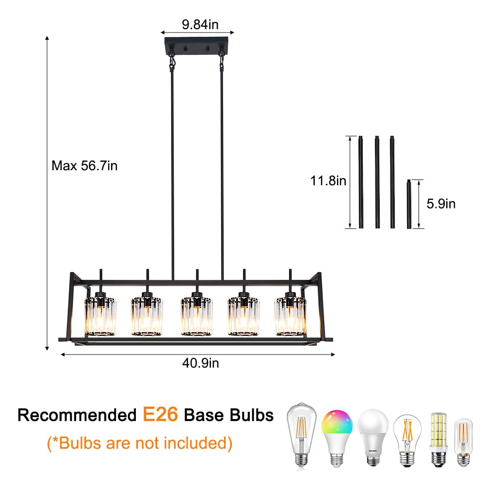 Dsmjfu Black Farmhouse Rectangular Chandelier For Dining Room 5-Light Linear Pendant Lighting Rectangular Kitchen Island Light With Crystal Shades Adjustable Height Rectangle Hanging Lighting