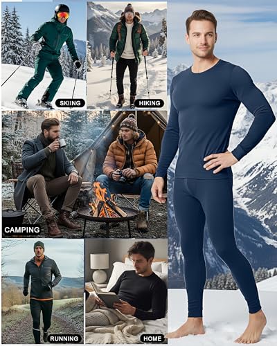 Patelai 2 Pack Thermal Underwear for Men Fleece Lined Winter Base Layer Set Long Sleeve Crew Neck Top and Bottom