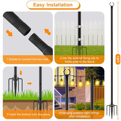 LETIANPAI 4 Pack String Light Poles,10 Ft Metal Poles with Fork for Outdoor String Lights,Outdoor Light Poles with Fork,Po...
