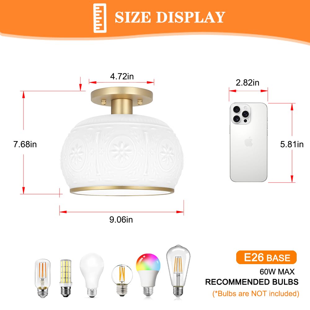 Oiyio Brushed Brass Semi Flush Mount Ceiling Light With Clear Globe Glass Modern Hallway Lighting Fixtures Vintage Ceiling Light For Kitchen Bedroom Closet Entryway Porch
