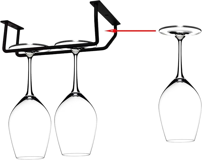 7 Inch Black Wine Glass Rack, Under Cabinet Stemware Holder, Hanging Stemware Holder for Cabinet Kitchen Bar, Set of 4