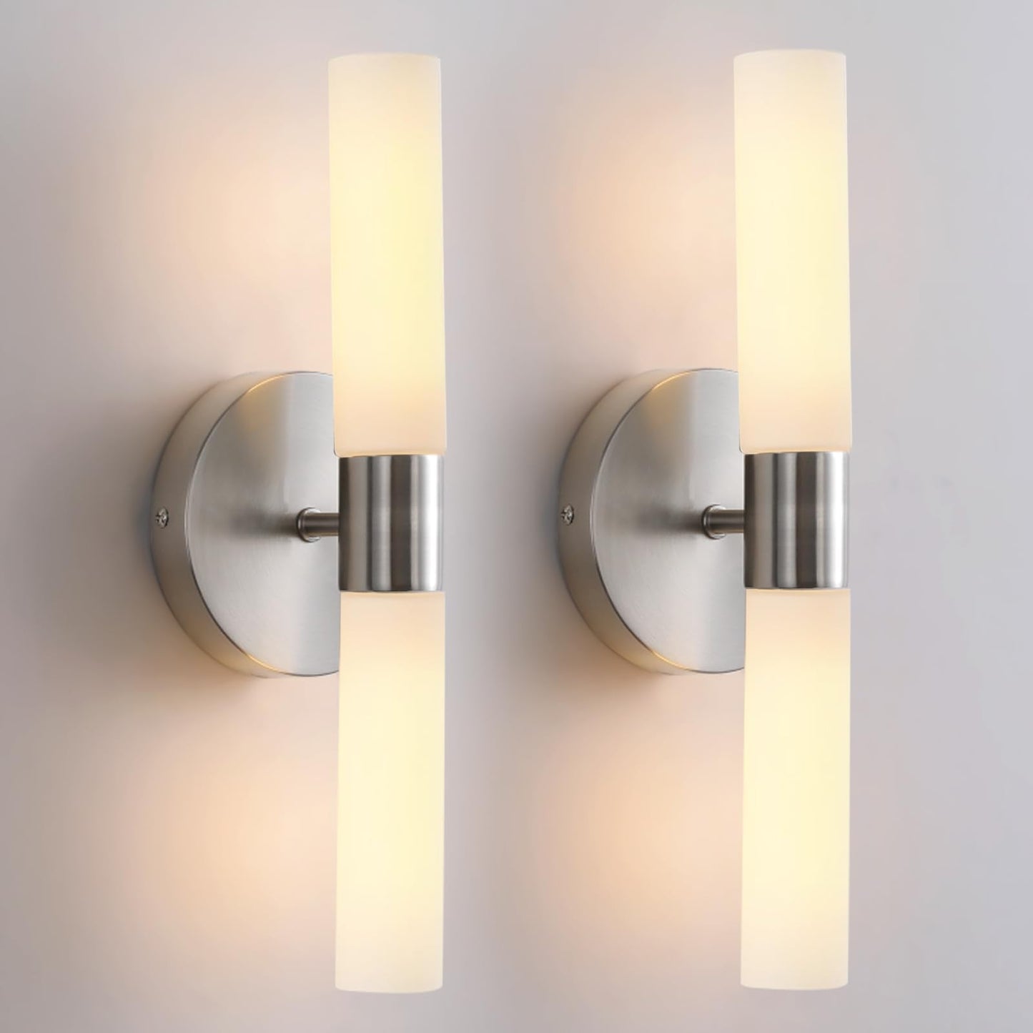 KUZZULL Wall Sconces Set of 2, Brushed Nickel, Iron, 14in White Glass Shade, Living Room Lighting Decor