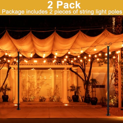 String Light Poles for Outside Deck 2 Pack 8FTHeavy Duty Metal Garden Outdoor Light Poles for Solar String Light Bulbs Han...