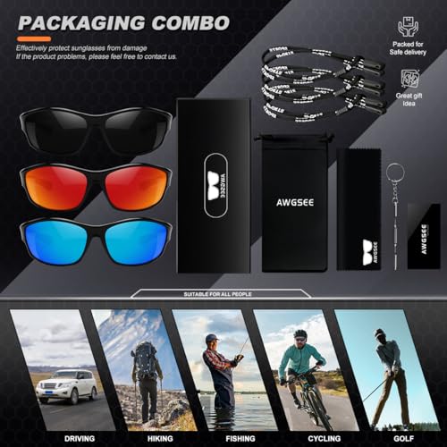 AWGSEE Polarized Sports Sunglasses for Men, UV400 Protection Lightweight Wrap Around Sun Glasses for Cycling Fishing Driving