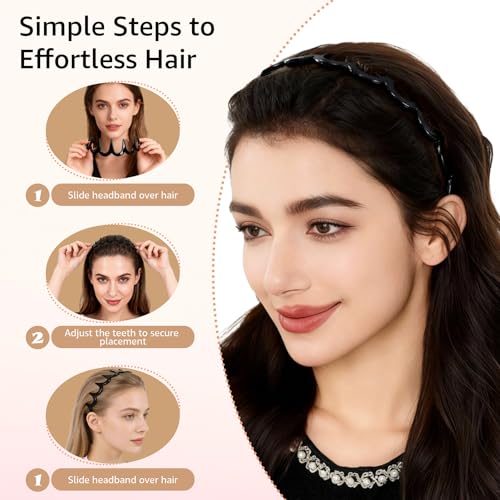 Botanikind 2 Pack Zig Zag Headbands for Women, Non-Slip Wavy Plastic Hair Comb Headbands with Teeth, U-Shape High Cranium ...