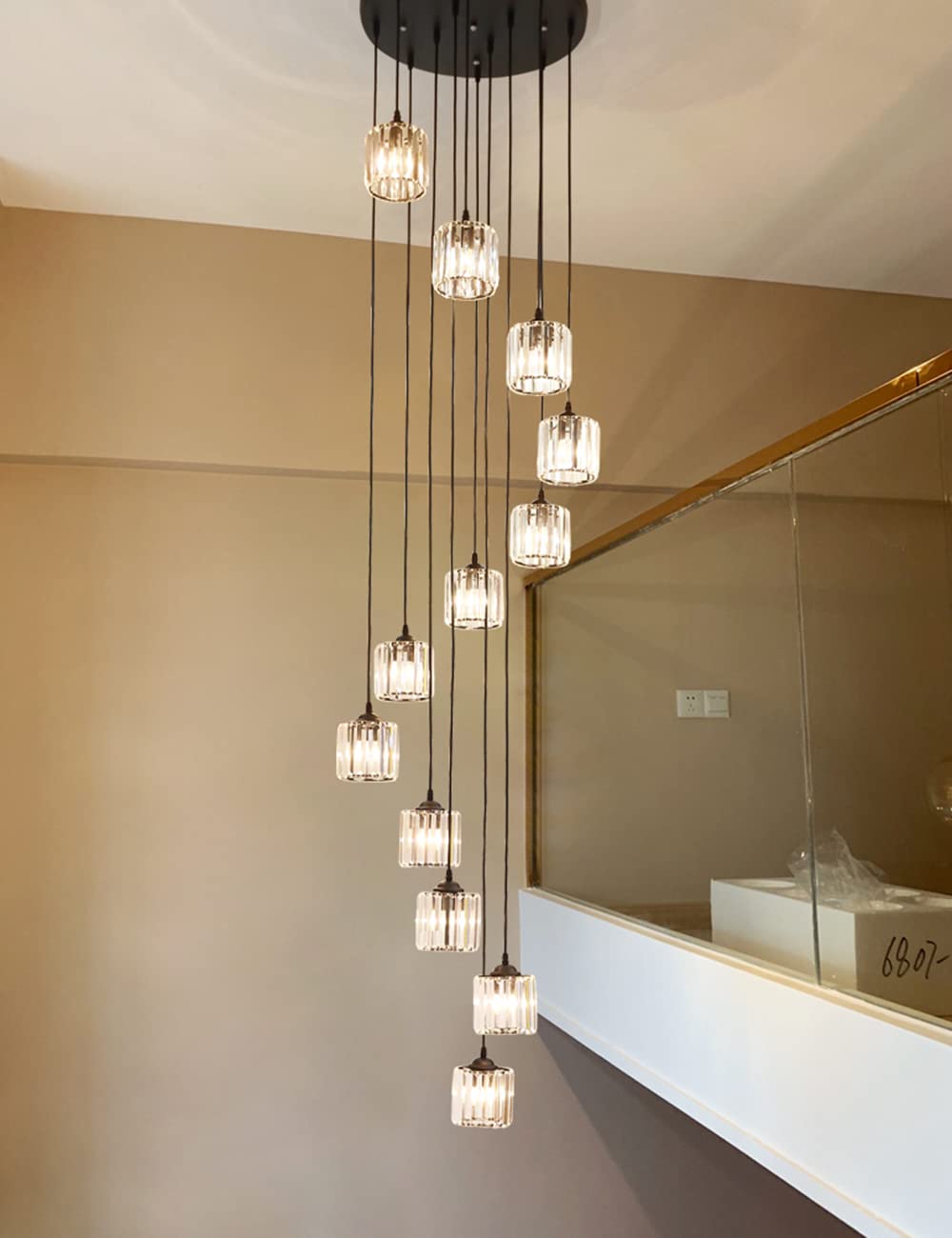 Meimond Long Chandeliers For High Ceilings Modern Crystal Pendant Light Raindrop Drop Lamp Hanging Flush Mount Lighting Fixtures For Spiral Staircase Foyer Entryway Living Room Black (12 Lights)