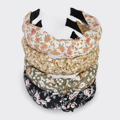 Huachi Headbands for Women and Girls, 4 Packs Fashion Flower Printed Knotted Head Bands for Women’ s Hair, Non Slip Boho W...