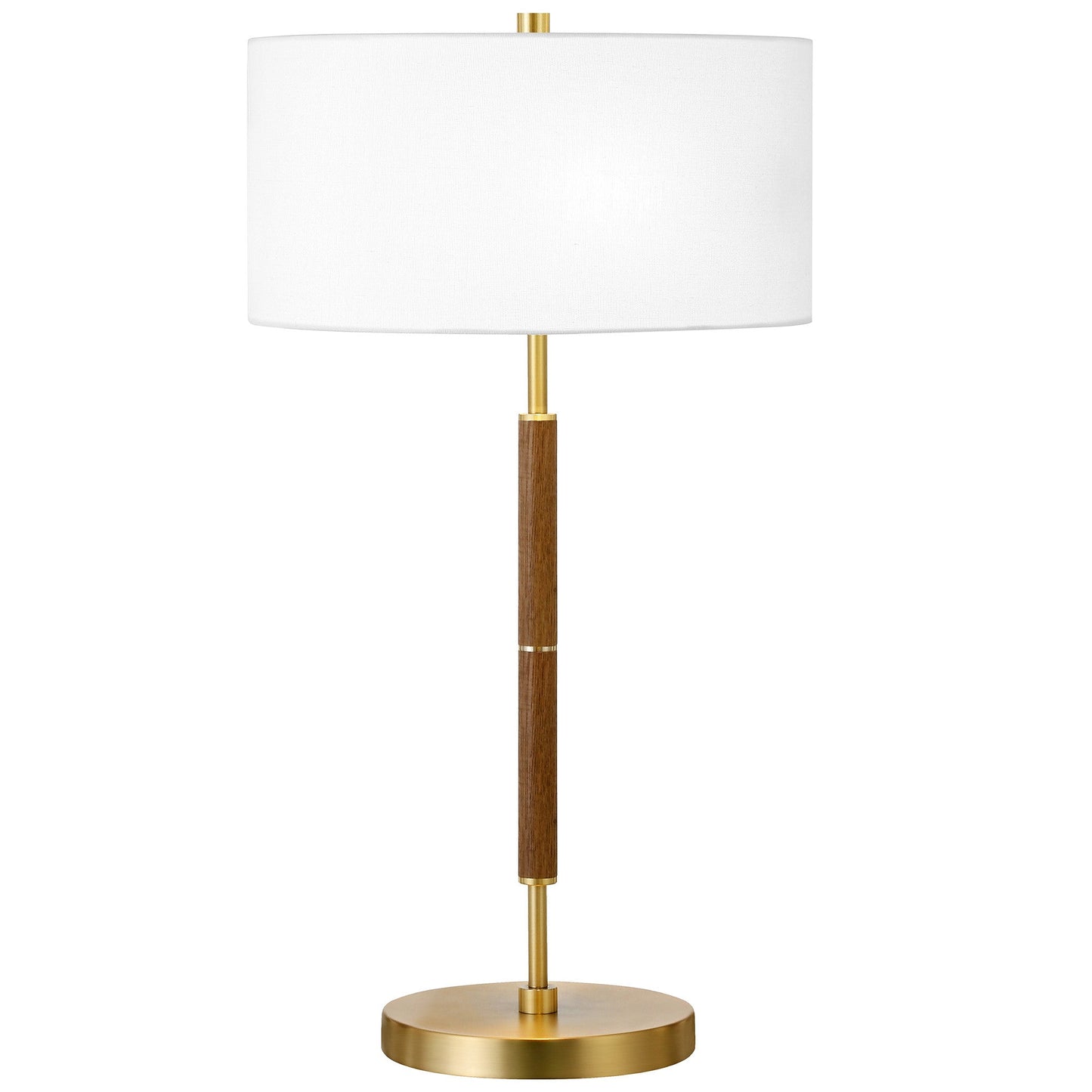 25 Gold And Oak Metal Two Light Table Lamp With White Drum Shade