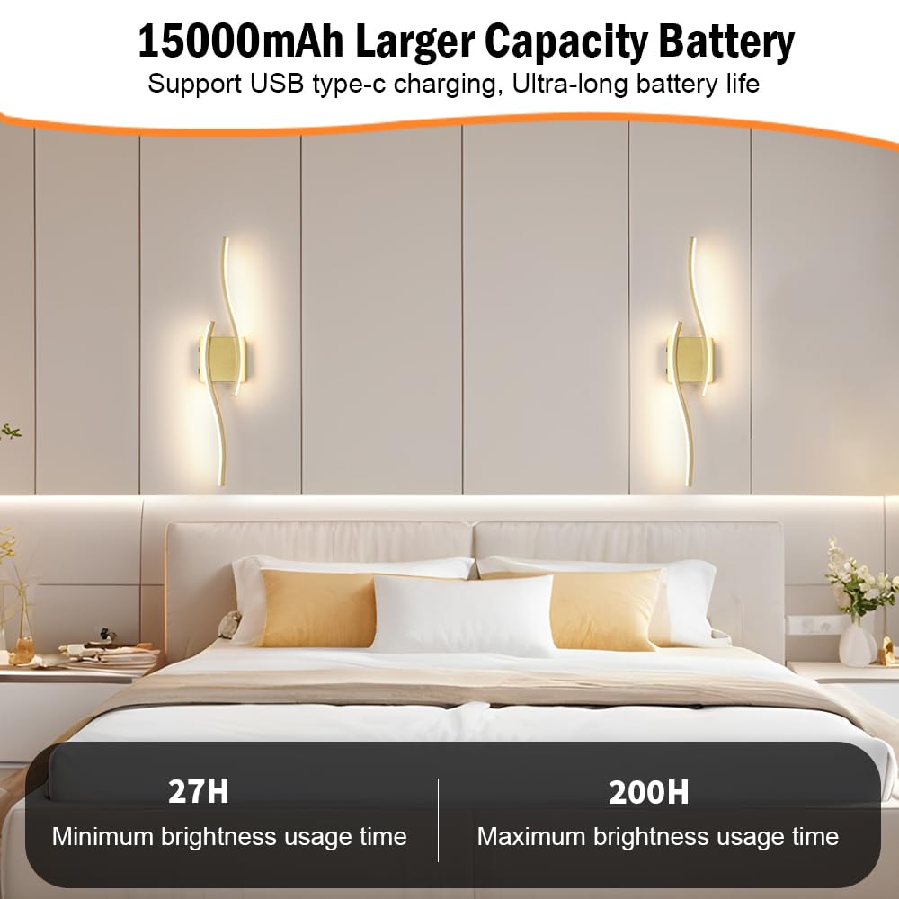 Daunton Battery Operated Wall Sconce Set of 2, Dimmable, USB Rechargeable, Gold, 27.56in