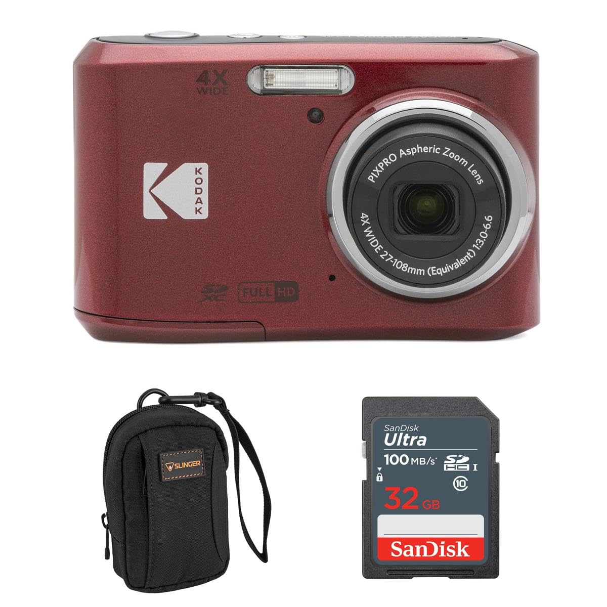 Kodak PIXPRO FZ45 Friendly Zoom 16MP Full HD Digital Camera Red Bundle with 32GB Memory Card and Camera Bag-New