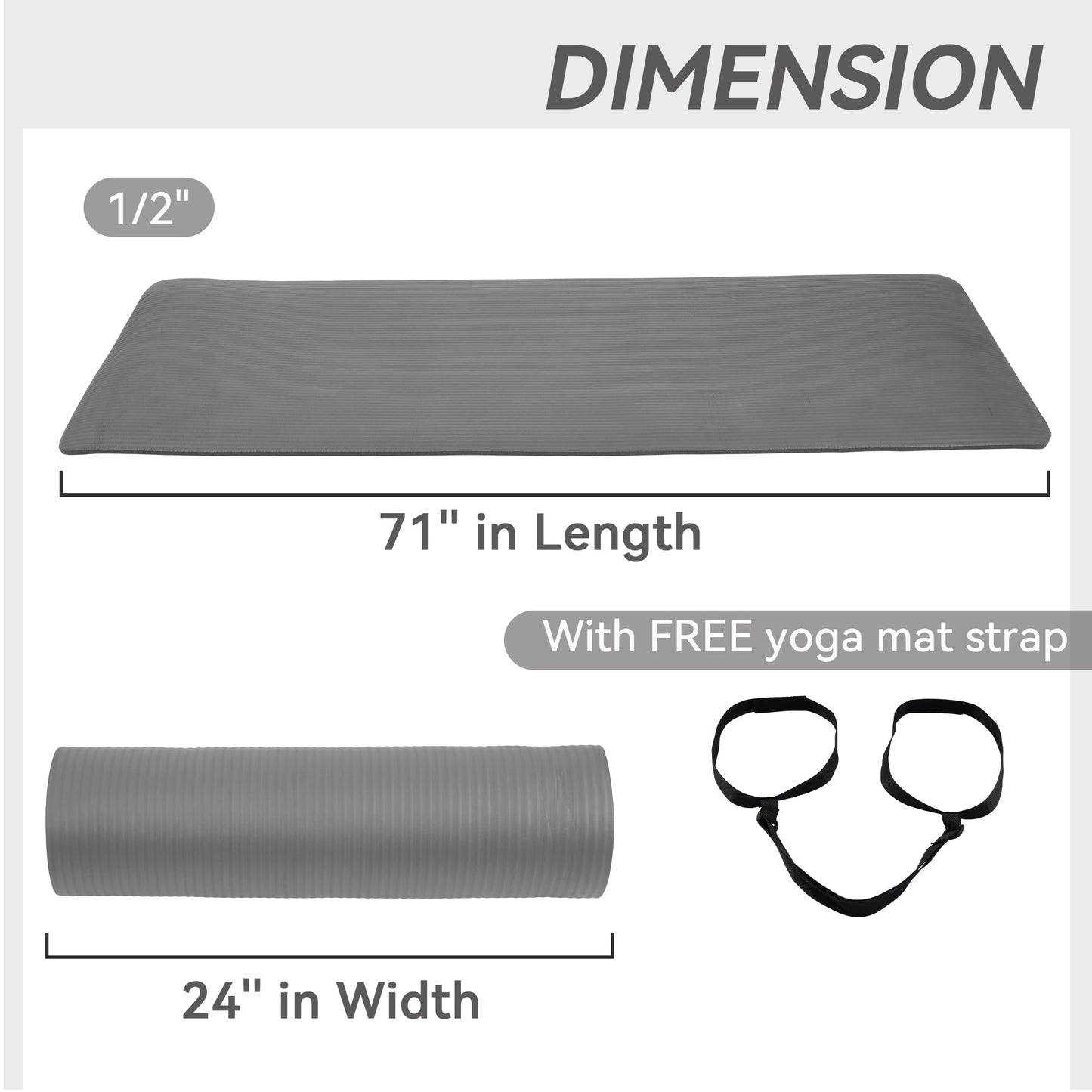 Fitvids 1/2-Inch Thick High Density Foam Exercise Yoga Mat with Carrying Strap, For Cushioning The Body Against Hard Floors, Gray