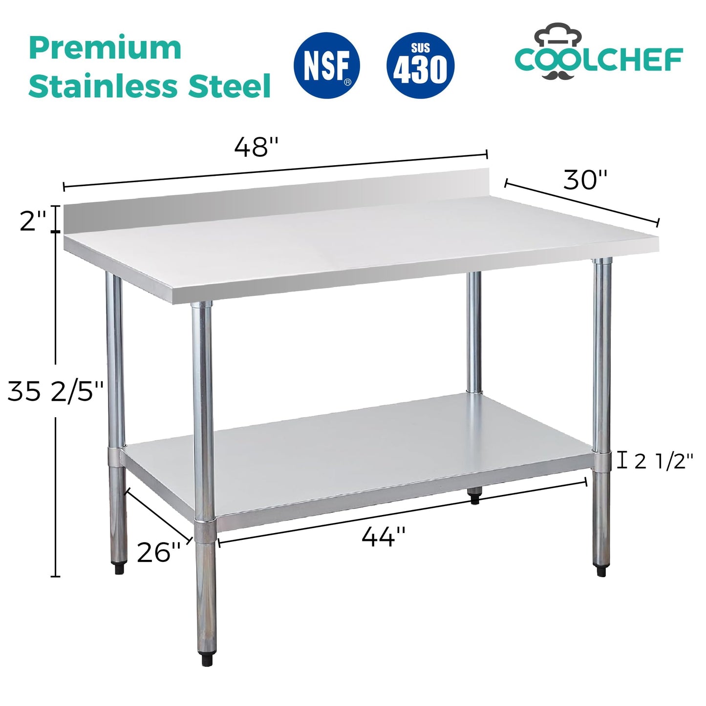 Okeyolive Stainless Steel Work Table 30 x 48 Inch, NSF Commercial Prep Table with Undershelf, Heavy Duty Food Prep Workstation with Backsplash