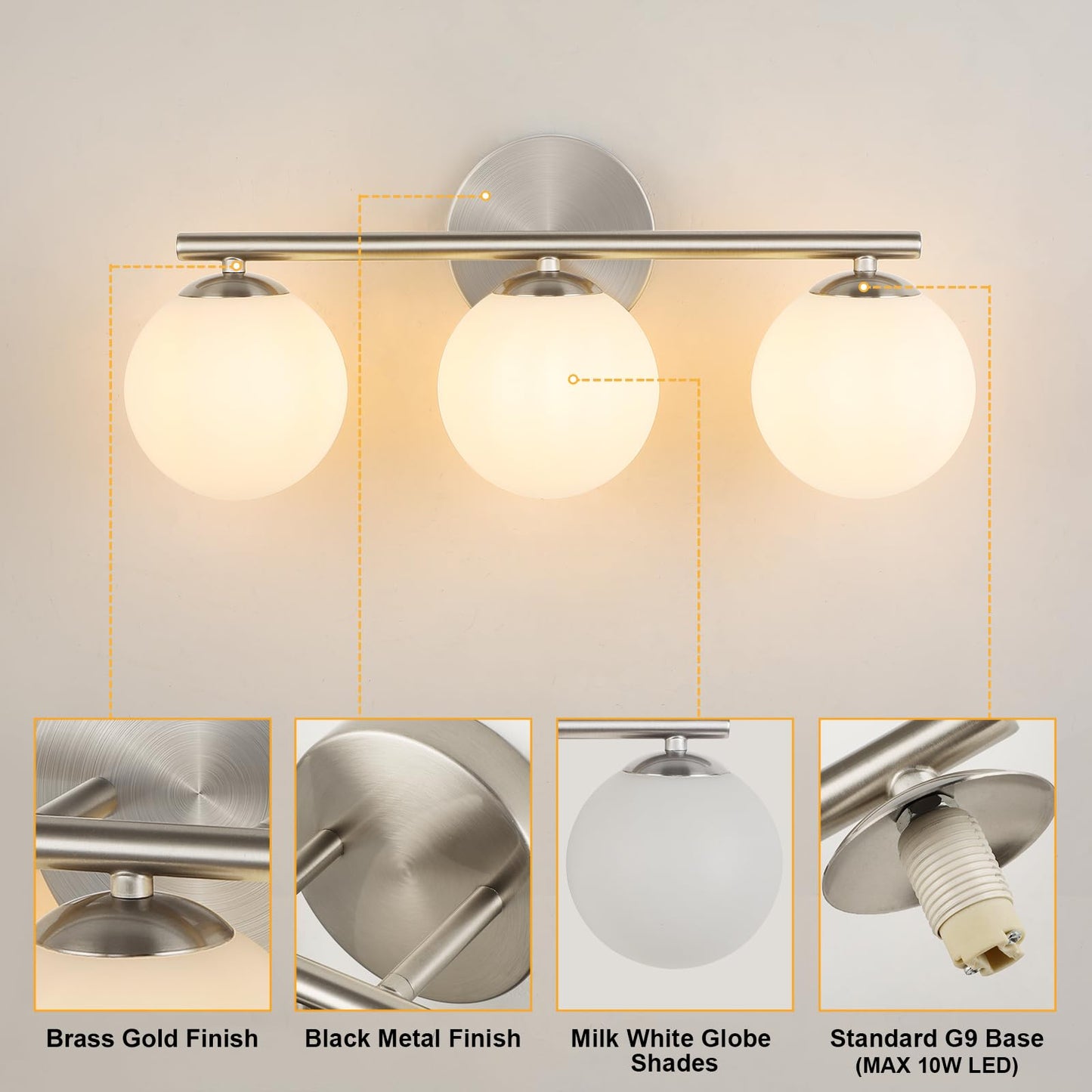Foucasal Brushed Nickel Bathroom Light Fixtures 3-Light Globe Vanity Light With Plastic Milk White Globe Shades 11.81 Inch Wall Sconce Lighting Over Mirror Vanity Lights For Bathroom Bedroom Hallway