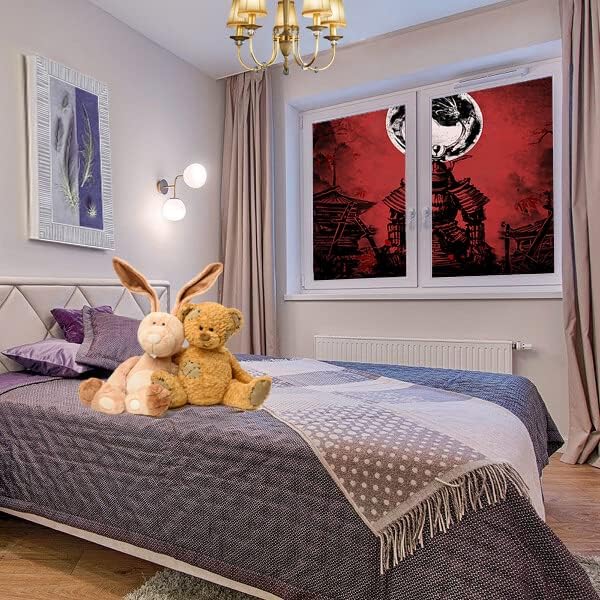 Japanese Samurai Window Film Abstract Vintage Samurai Blossom Dragon Full Moonstained Glass Window Film,Playroom Window Film,Nursery Window Film 23.6Wx78.7L-Inch X2Pcs