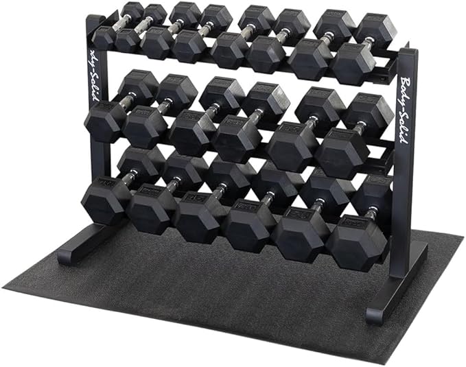 Body-Solid Dumbbell Rack with 20 Rubber 5-50 lb Dumbbells and Floor Mat, Commercial and Home Gym Weight Rack Storage & Org...