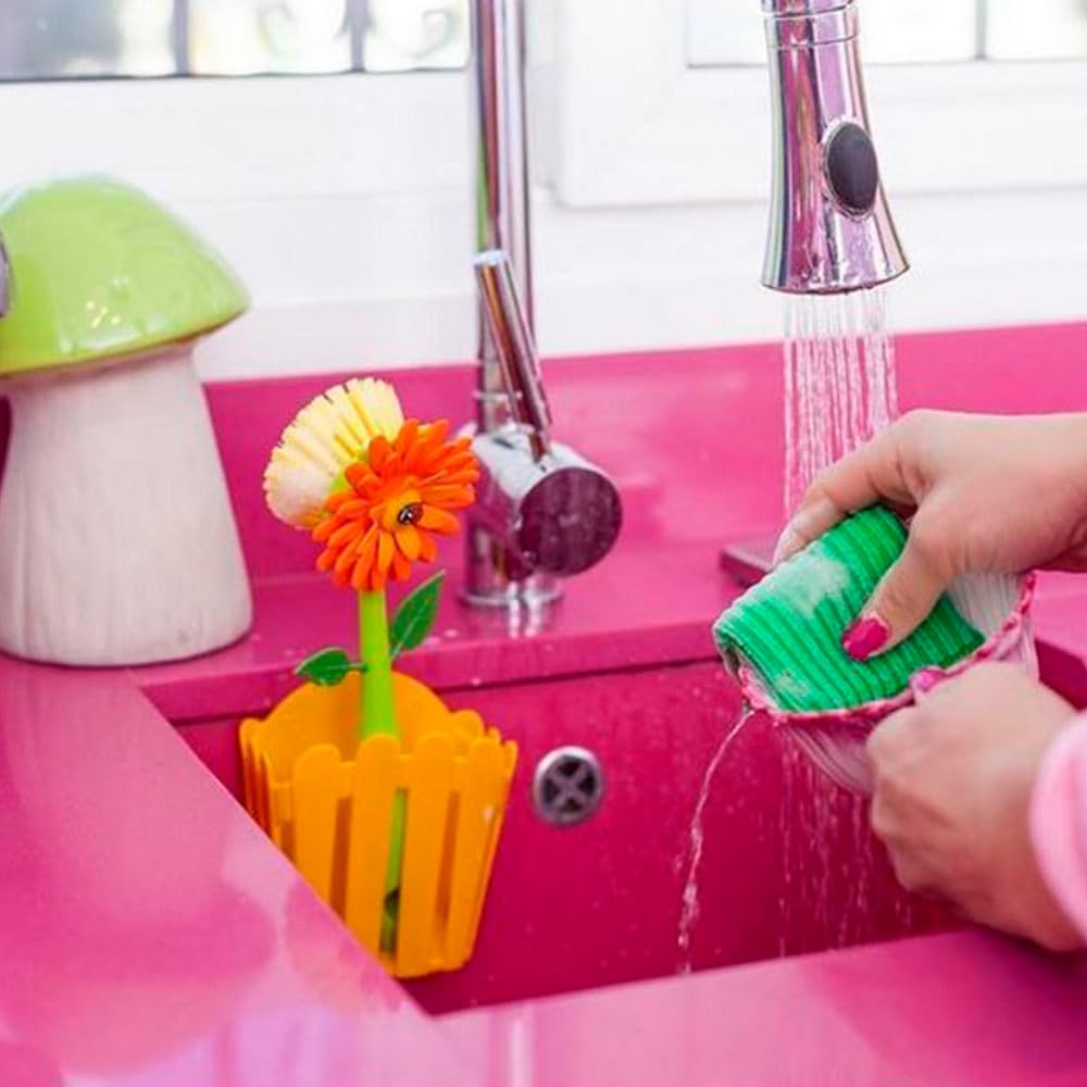 Vigar Flower Power 3-in-1 Kitchen Sink Caddy Set, Flower-Shaped Dish Brush, Sponge, Fence-shaped Holder and Suction Cup, Ideal Sink Organizer, Orange