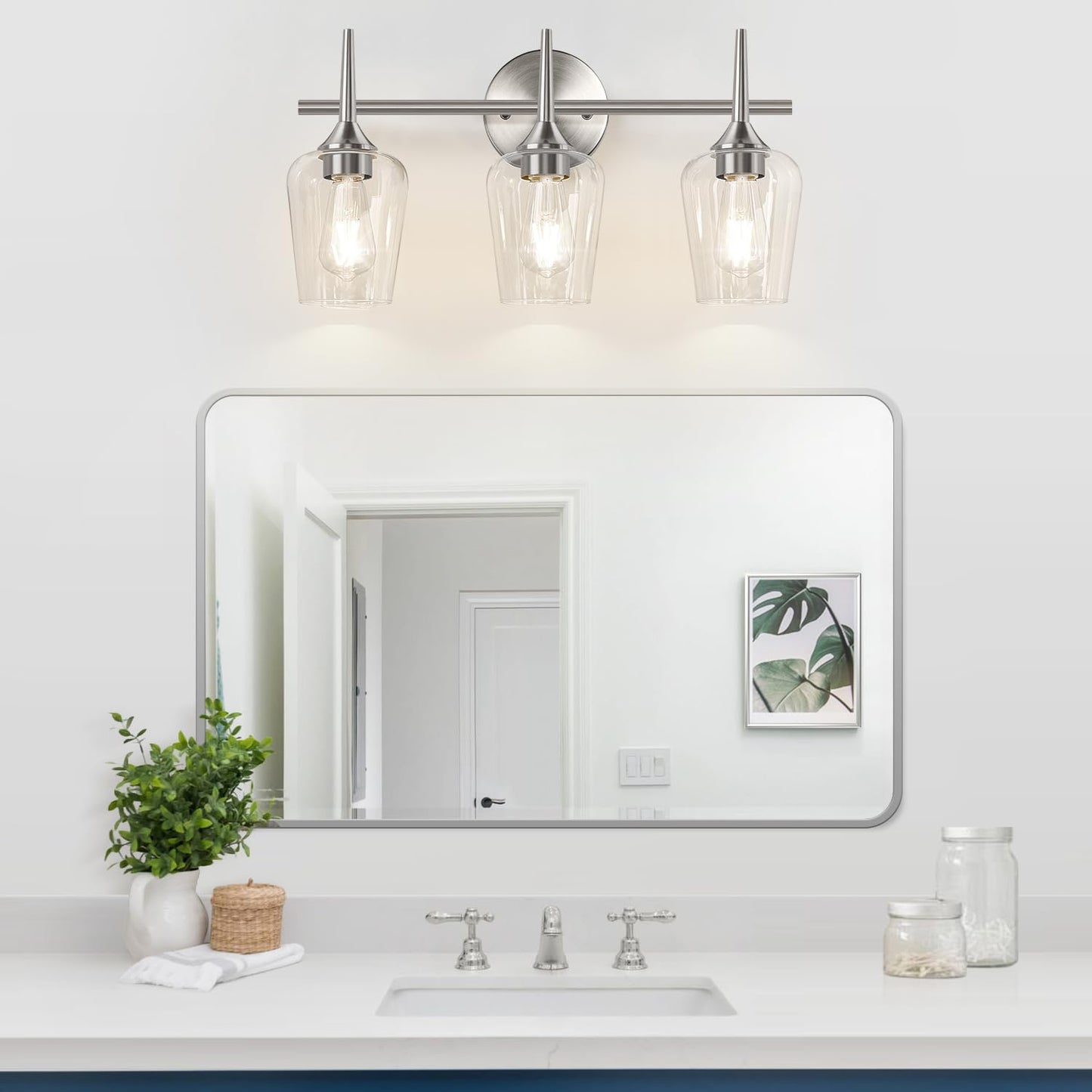 Mokatng 3-Light Bathroom Light Fixtures 19.5 In Brushed Nickle Vanity Lights For Bathroom With Clear Glass Bathroom Lighting Fixtures Over Mirror Modern Wall Lamp For Cabinet Hallway
