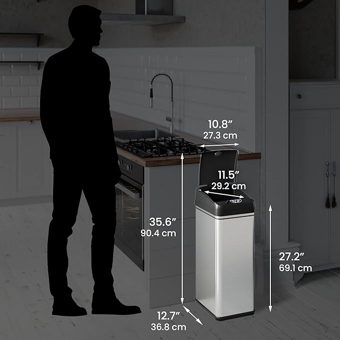 iTouchless 50 Liter / 13 Gallon Sensor Dog-Proof Kitchen Trash Can with Lid Lock and AbsorbX Odor Filter, Touchless Lid, Stainless Steel Garbage Recycling Bin for Kitchen, Home, Office, Business