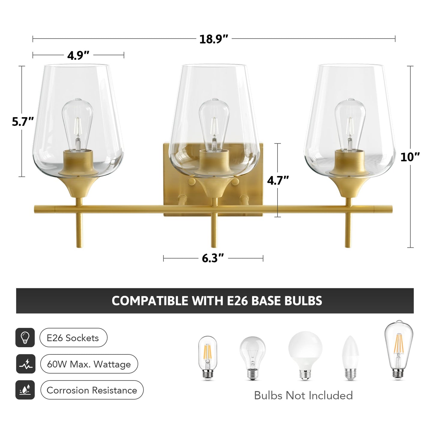 VONLUCE Bathroom Vanity Light Fixture, 3-Light Modern Wall Sconce, Brushed Gold, Metal, Model HCF2803GD