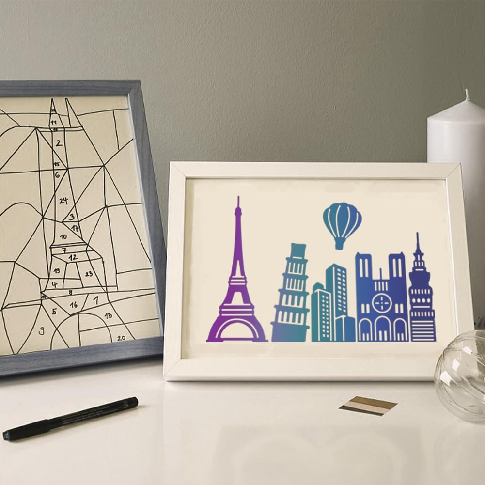 MAYJOYDIY 6pcs Layered City Buildings Stencil 8.3×11.7inch Large City Landmark Building Stencils with Paint Brush Reusable Cityscape Skyline Stencils Template for Wood Canvas Paper Floor Wall